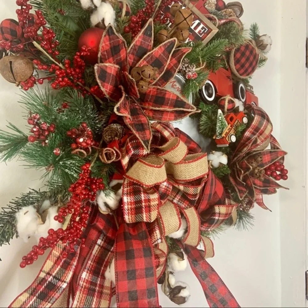 Christmas Red Truck Rustic Farmhouse Plaid Wreath
